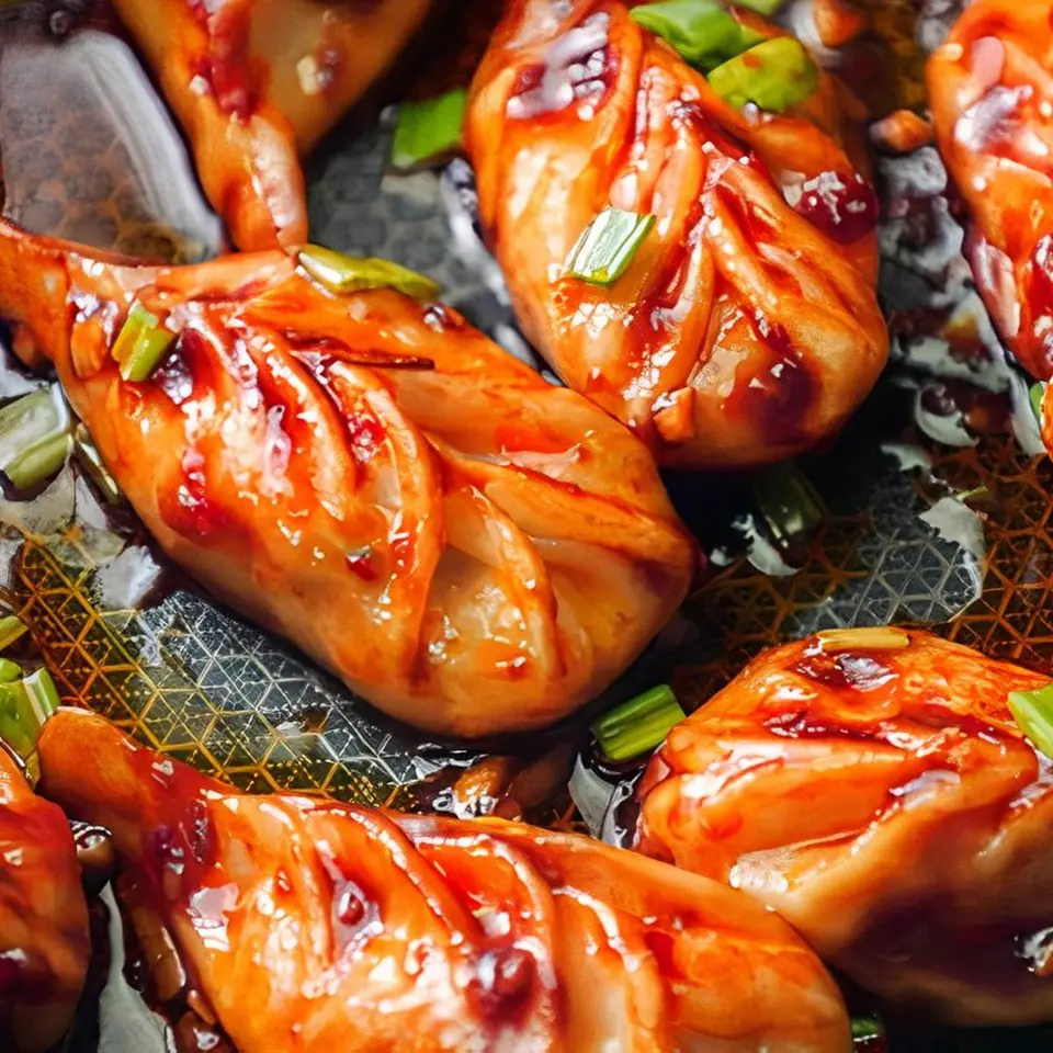 Chicken momos glazed in chili garlic sauce
